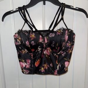 Victoria's Secret Bustier Corset Top 32DD Black Pink Lace & Satin Sexy Floral VS